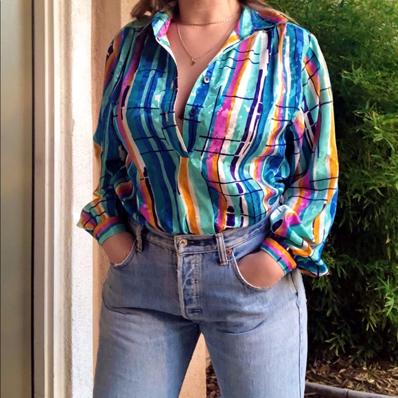 Da Rue Vintage Colorful Retro Long Sleeve Blouse - Picture 2 of 8